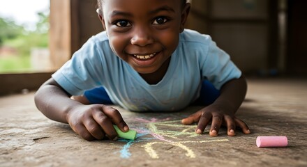 Child drawing creative colorful shapes on the ground with chalk during a sunny outdoor playtime