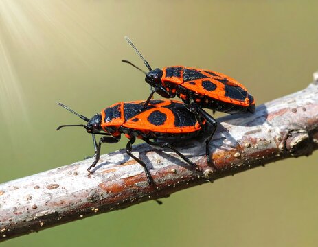 Two spotted lanternflies are positioned on a twig, showcasing their intricate black and red patterns.