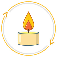Burning candle in a round frame with arrows, symbol of energy and light.