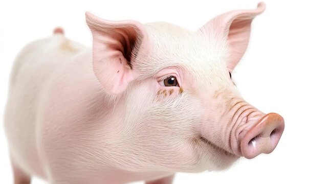 Close-up portrait of a pig's face on a white background, suitable for farm-themed illustrations and educational materials