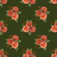 Seamless floral pattern with blooming red and orange roses on a dark green background. Elegant and vintage inspired design, ideal for fabric, wallpaper, wrapping paper, and romantic décor.