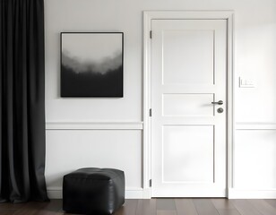 White door with white handle, a black and white painting on the wall, a black curtain and a black pouf in a gray room.