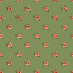 This charming seamless floral pattern features small, detailed bouquets of coral pink roses with tiny green leaves, arranged in a simple grid layout. The romantic motifs are set against a solid, muted
