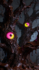 Close-up of a dark, dripping chocolate tree trunk with a glowing pink and yellow monster eyeball. Halloween digital painting.