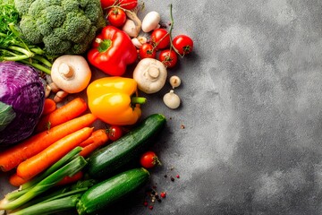 A vibrant collection of fresh vegetables is spread out on a dark surface, showcasing broccoli, peppers, tomatoes, carrots, zucchini, and mushrooms, ideal for nutritious meals
