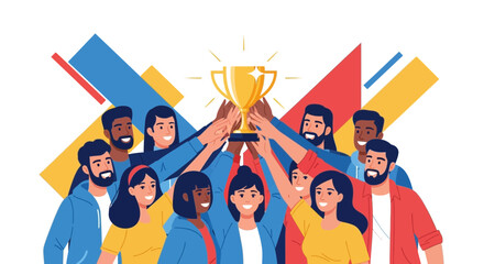 Celebrating Achievement: A Diverse Team Rejoices With A Trophy, Achieving Victory Together