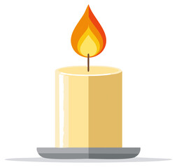 A single lit candle with a bright orange and yellow flame atop a thick cylindrical yellow candle on a grey base