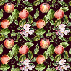Seamless watercolor pattern with apples, branches, and leaves. Perfect for textile design, wallpaper, wrapping paper, kitchen decor, packaging, autumn themes, and botanical illustrations.