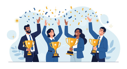 Fototapeta premium Celebrating Success: Team Triumph with Golden Trophies and Festive Confetti Shower