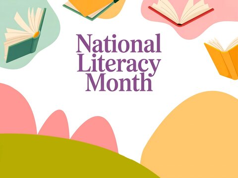 Celebrate national literacy month with colorful abstract shapes and open books symbolizing knowledge and learning