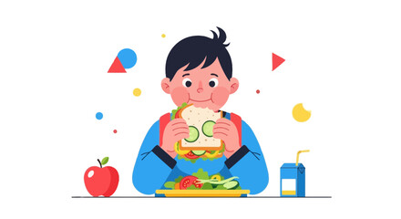 Fototapeta premium Child Is Enjoying A Nutritious Sandwich And Healthy Lunch With Some Delicious Fruits