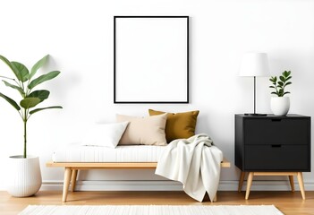A bench with pillows and a blanket in front of a white wall with a frame , in a living room.