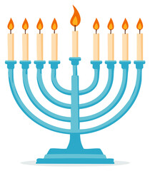 Vibrant blue Hanukkah candelabrum with nine glowing flames