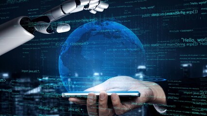 A robotic hand reaches for a glowing digital globe, surrounded by floating code and technology elements, symbolizing advancement and innovation in the digital era. Xenic