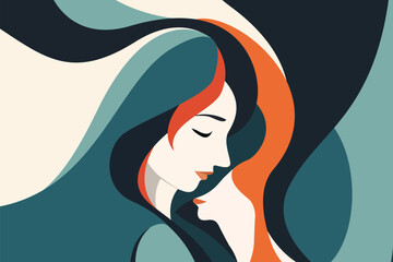 Abstract female portrait illustration with flowing teal and orange hair in double face concept