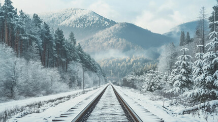 Winter Railway Leading Into Snowy Mountains