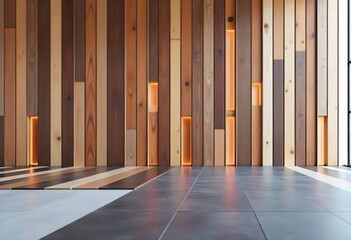 Wooden planks of different colors forming a floor , a shiny gray floor, futuristic design, studio environment, vertical lines, warm tones.