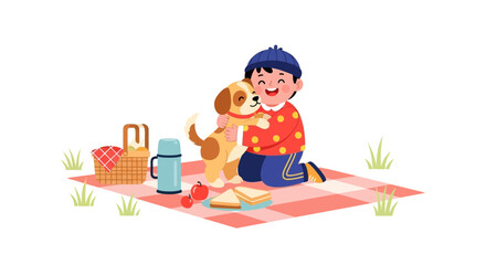 Cheerful Boy Embracing Canine Companion on Picnic Blanket with Tasty Refreshments