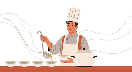 Chef Pouring Soup Into Bowls, Kitchen Illustration, Preparing Dishes For Restaurant
