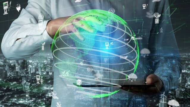 A business professional engages with a digital globe, showcasing advanced technology and data networks in a vibrant urban landscape, symbolizing global connectivity. Xenic - Powered by Adobe