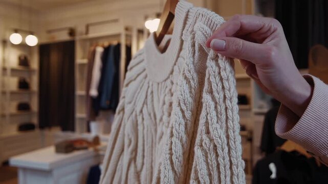 A cozy cream-colored knitted sweater hangs on a wooden hanger, displayed in a stylish boutique. The detailed texture and soft material create a warm and inviting atmosphere in the modern store interio