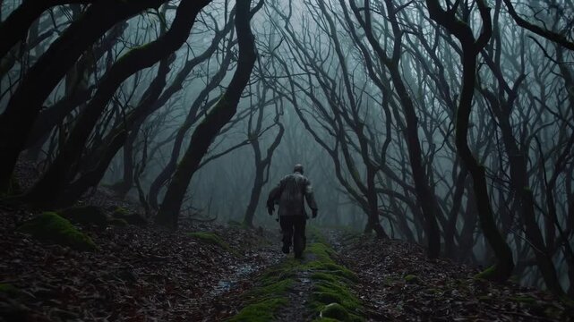 A lone traveler walks along a narrow, mossy path surrounded by twisted, leafless trees in a misty forest. The dark, mysterious atmosphere evokes feelings of solitude, adventure, and suspense.