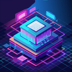 Futuristic isometric digital processor with neon grid