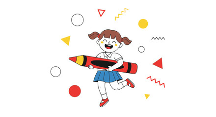Cheerful Child Illustrates, Holding a Giant Crayon, Exuding Joyful Youthfulness and Playfulness