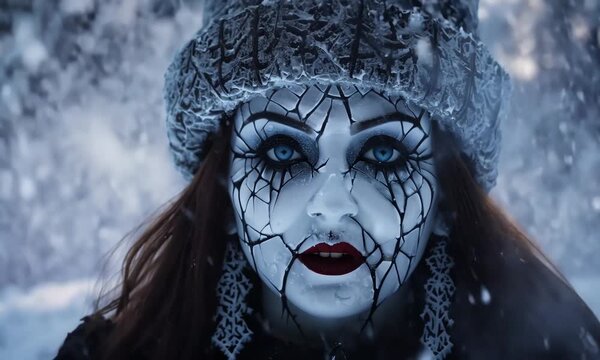 Snow falls gently as a person wearing a knitted winter hat and coat stands outdoors. The cold atmosphere, icy flakes, and deep blue tones create a moody, peaceful winter scene surrounded by frosty bea