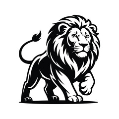 Majestic lion walking with flowing mane black and white illustration