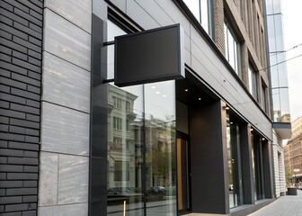 Fototapeta premium Modern black blank signage on building facade with glass door, ideal for branding and advertising mockup