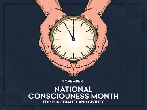 Hands holding a clock symbolizing national consciousness month for punctuality and civility in november