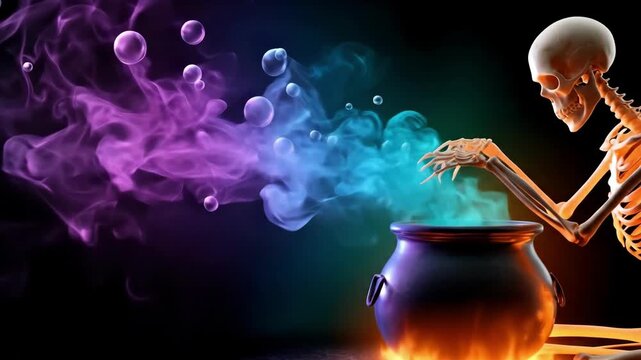 Skeleton preparing a bubbling potion in a cauldron. Enchanted brew with magical smoke and glowing effect for Halloween.