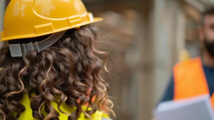 A woman with curly hair is wearing a yellow hard hat and orange vest. She is smiling at the camera, giving off a friendly and approachable vibe