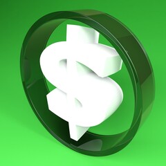 White dollar sigh, inside glass circle, on green background