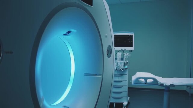 A modern MRI machine glows with blue light in a clean, empty hospital room. The advanced medical equipment and computer monitor highlight the importance of technology in diagnostics and patient care.