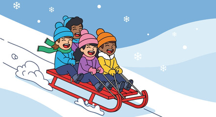 Cheerful kids having fun sledding down a snowy hill on a winter day.