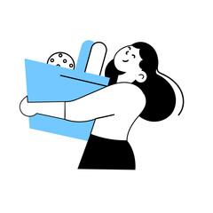 Woman carrying a blue grocery bag filled with food items happily in a bright and simple illustration style