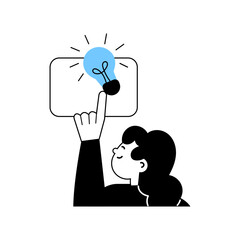 Creative person generating innovative ideas while pointing at a bright light bulb illustration above them in a modern design