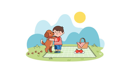 Fototapeta premium Cheerful Scene Of A Boy Hugging His Dog During A Sunny Picnic Outside