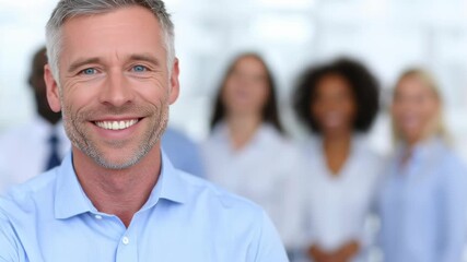 A man with a blue shirt and a tie is smiling and shaking hands with another man. Concept of professionalism and camaraderie