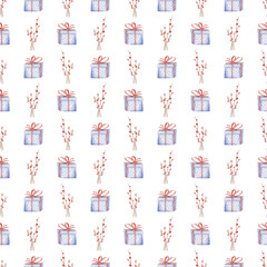 Seamless Christmas pattern with watercolor gift boxes and berry branches on transparent background. Perfect for wrapping, textiles, fabric, holiday cards, backgrounds, napkins, seasonal festive design