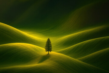 A lone tree stands amidst gently rolling hills bathed in golden sunlight. The landscape captures a serene and tranquil atmosphere.