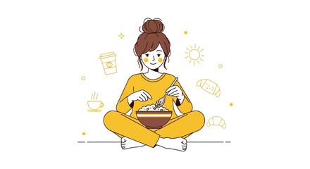 Naklejka premium Cheerful Woman Relaxes While Enjoying Her Breakfast And Embracing A Sunny Morning