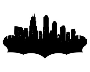 Silhouette of a cityscape with tall buildings set against a bat shaped background design element