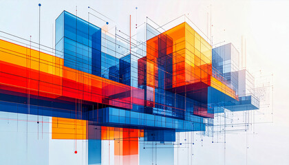 Abstract colorful city background with 3d illustration of building architecture and business concept graph and chart
