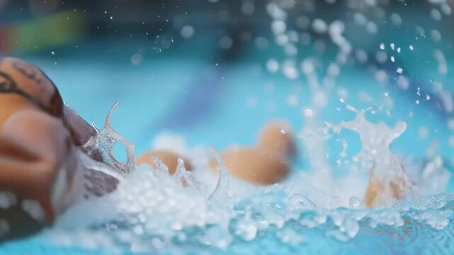 A man in a swim cap and goggles is swimming in a pool. The water is splashing around him, and he is focused on his strokes