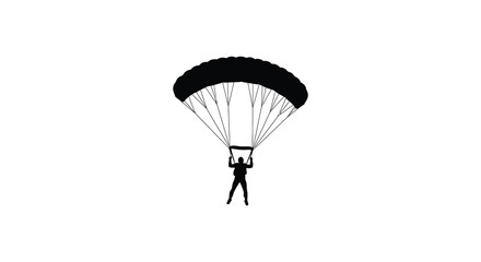 Silhouette of skydiver descending with open parachute against bright sky