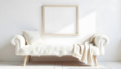 Interior of a living room with a white couch, a wooden table, a chair , a carpet , a painting and a lamp in a minimalist style.