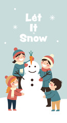 Children Building a Snowman with Carrot Nose